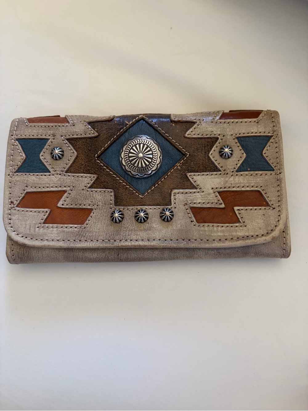 American West Beige Wallet with Turquoise and Tan Accents